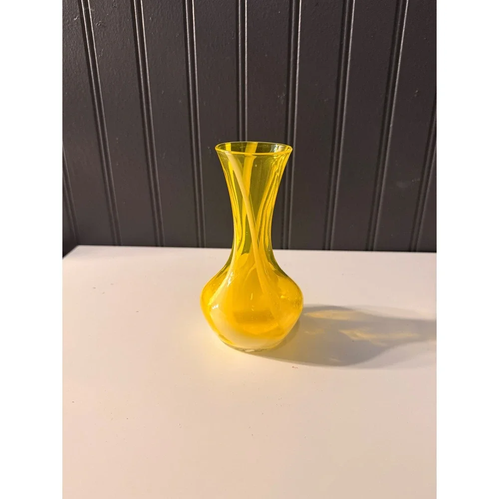 Hand blown yellow and white swirl bud vase
